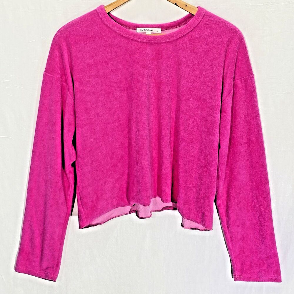 ANTISTAR Cropped Terry Cloth Long Sleeve Pullover Top Womens L Bright Pink